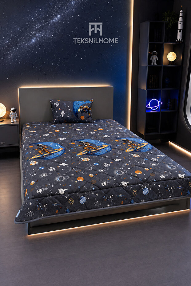 Single Double-Sided Navy Blue Astronaut Pattern Welsoft Quilt Pillowcase Gift