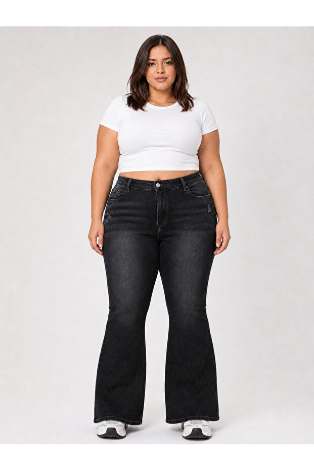 Women's Plus Size High Waist Lycra Spanish Leg Black Destroyed Jean Pants