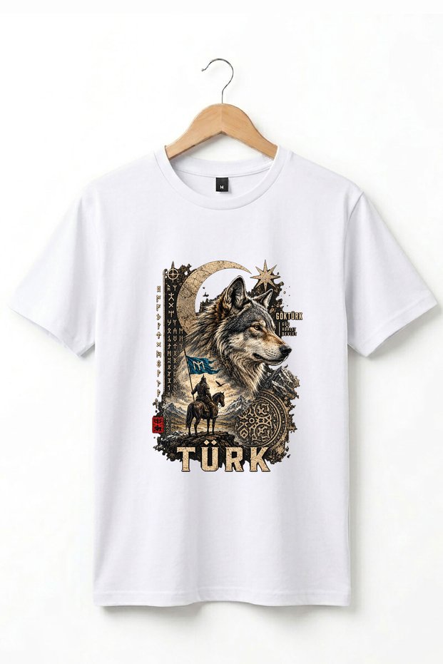 Göktürkçe Turkish Written Black Wolf and Horse Warrior Printed 100% Cotton Crew Neck Basic Tshirt