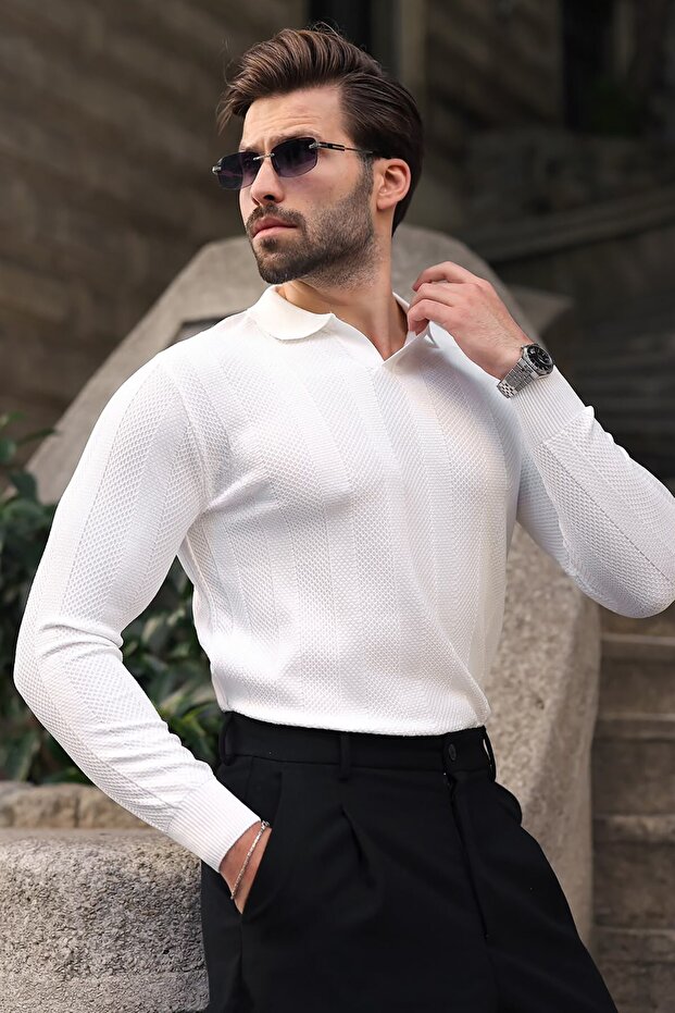 White Regular Fit Polo Collar Knitwear Men's Sweater E7509