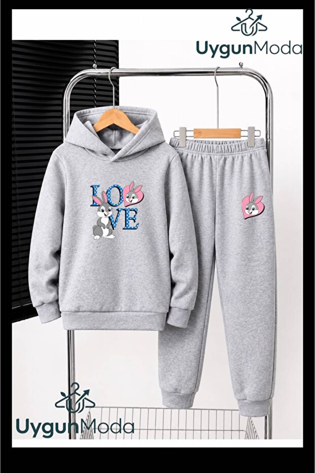 Love Rabbit Printed Hooded Thick Cotton Inside Padding Tracksuit with Pockets Children's Top and Bottom Tracksuit Set