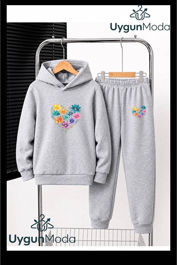 Heart Printed from Flowers Hooded Thick Cotton Inside Tracksuit with Pockets Children's Bottom and Top Tracksuit Set