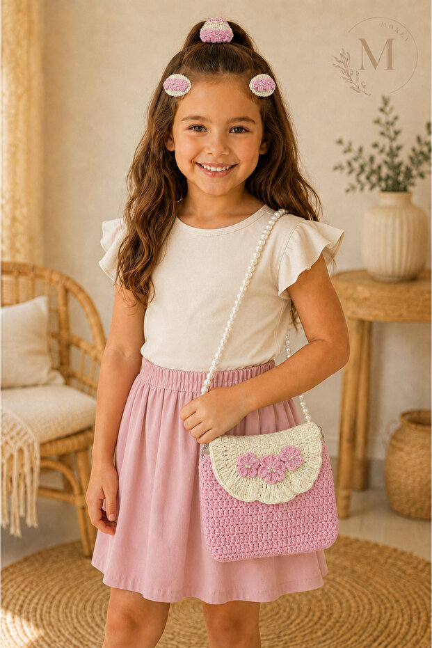 Pink Floral Pearl Strap Hand Knitted Children's Bag and Hair Accessory Set