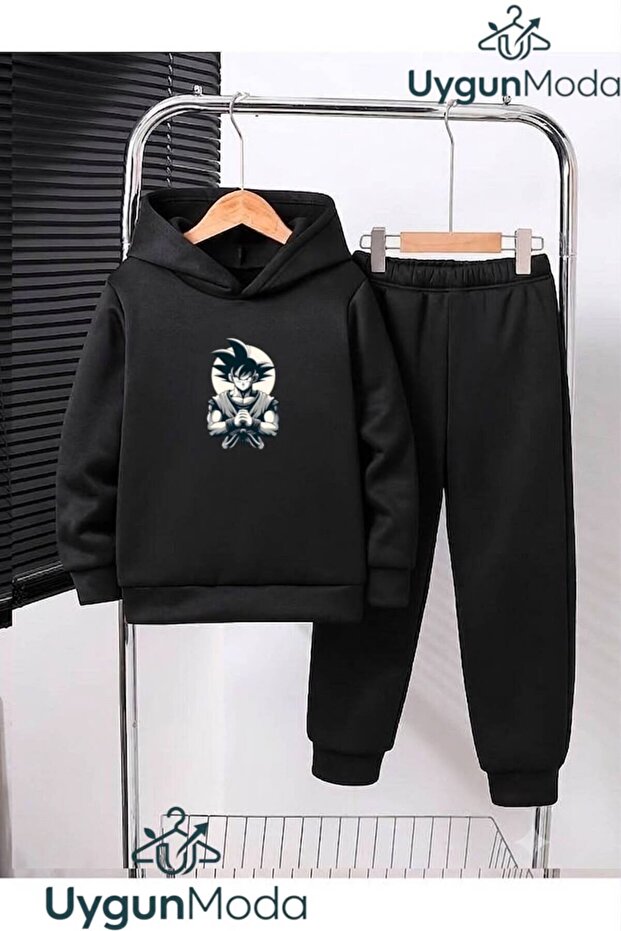 Samuray Printed Hooded Thick Cotton Inside Tracksuit with Pockets Children's Top and Bottom Tracksuit Set