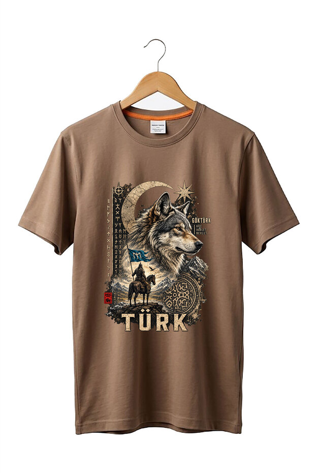Göktürkçe Turkish Written Black Wolf and Horse Warrior Printed 100% Cotton Crew Neck Basic Tshirt