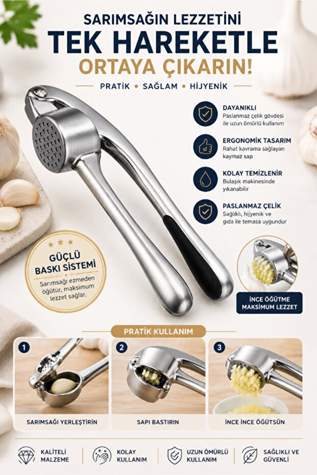 Premium Stainless Steel Garlic Crusher Metal Body with Ergonomic Handle Kitchen Garlic Press
