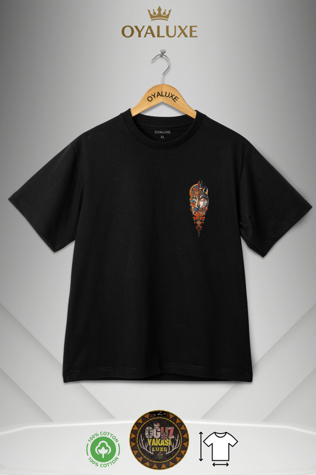 Oyaluxe Kurt (Börü) Turkish Ethnic Motif Printed Unisex Black T-Shirt 100% Cotton Men & Women T-Shirt