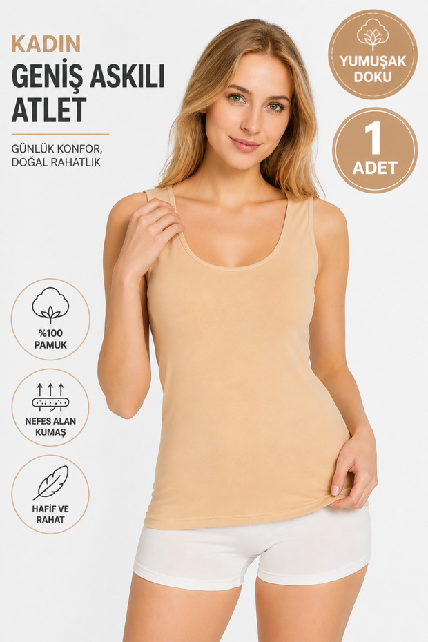 Women's Wide Strap Undershirt 1 Piece (Tutku Authorized Seller) Cotton Ribbed Fabric Soft Daily Underwear - Skin