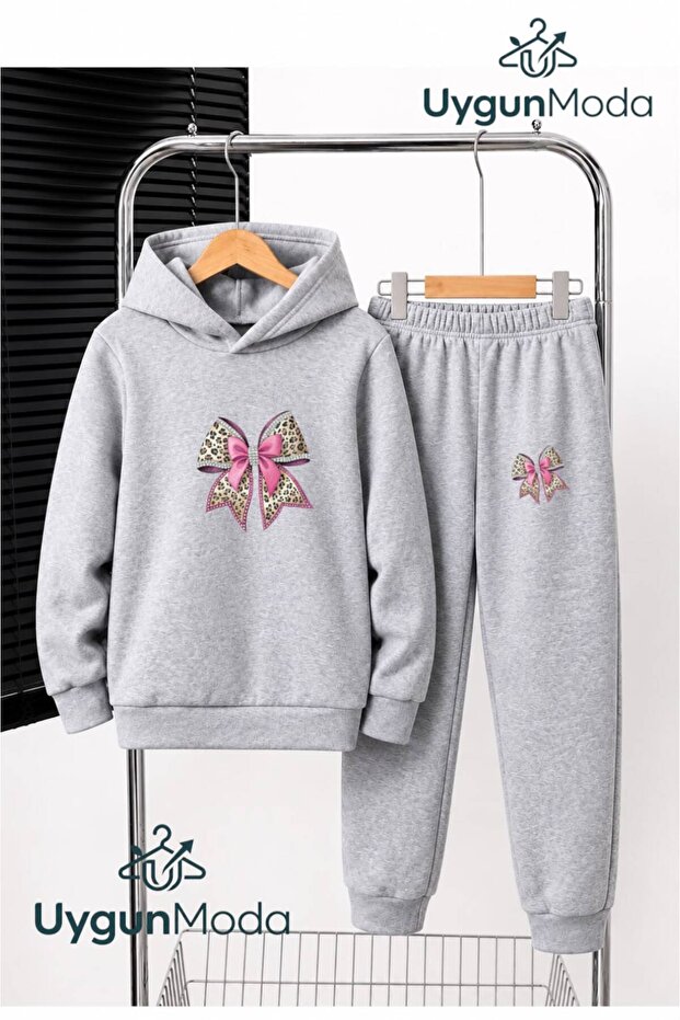 Leopard Print Hooded Thick Cotton Inside Lined Children's Tracksuit with Pockets - Top and Bottom Set