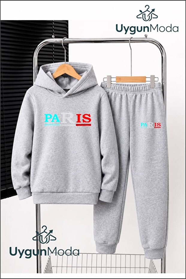 Paris Tricolor Printed Hooded Thick Cotton Inside Tracksuit with Pockets Children's Top and Bottom Tracksuit Set