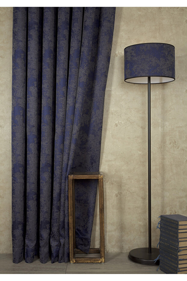 Natural Motif Background Curtain Navy Blue Without Pleats