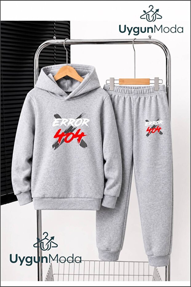 Eror Printed Hooded Thick Cotton Inside Padding Tracksuit with Pockets Children's Bottom and Top Tracksuit Set