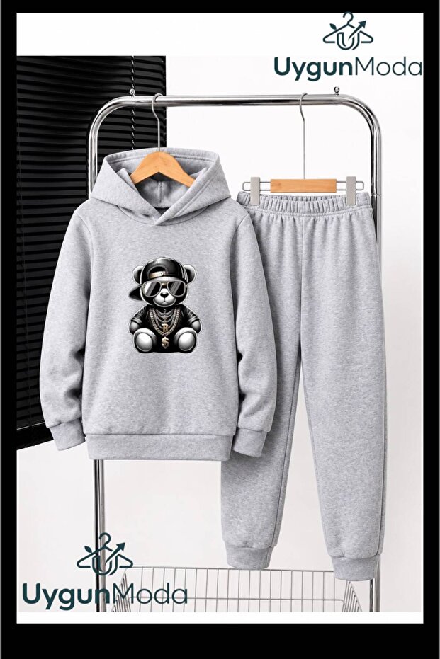 Black Bear Printed Hooded Thick Cotton Inside Padding Tracksuit with Pockets Children's Top and Bottom Tracksuit Set