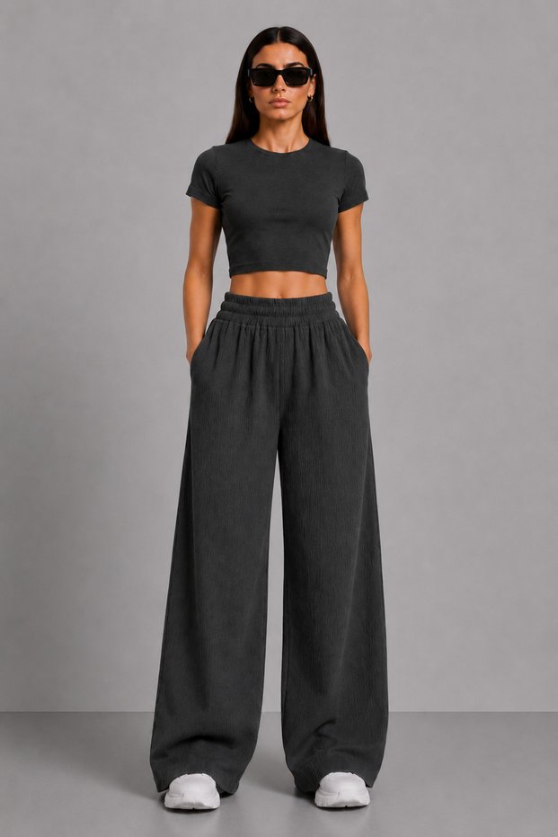 Women's Anthracite Wrinkled Fabric High Waist Elastic Wide Leg Palazzo Trousers