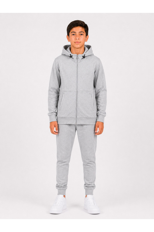 Unisex Children's Cotton Hooded Tracksuit Set 26109 - Gray Melange