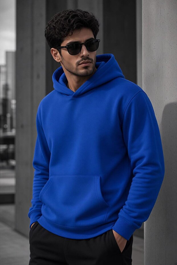 Bery Men's Two Thread Ribbed Hooded Basic Sweatshirt | Kangaroo Pocket Solid Color Casual Hoodie