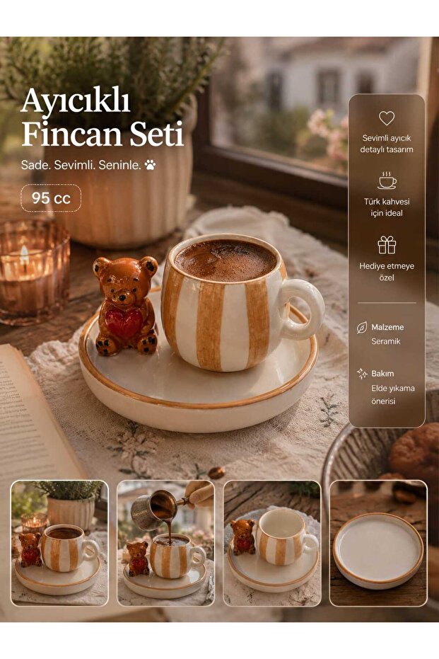 1 Person 2 Piece Minimal Cute Bear Figured Ceramic Coffee Cup Set Modern Turkish Coffee Cup Set Stylish Elegant Special 95 ml