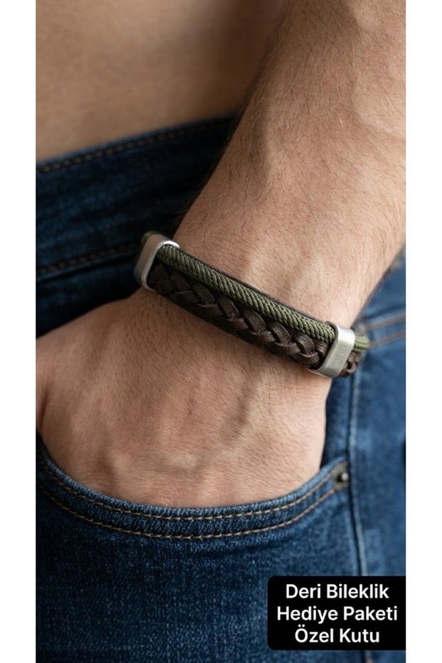 Eldermere Olive Double Row Braided Genuine Leather Men's Bracelet with Steel Lock