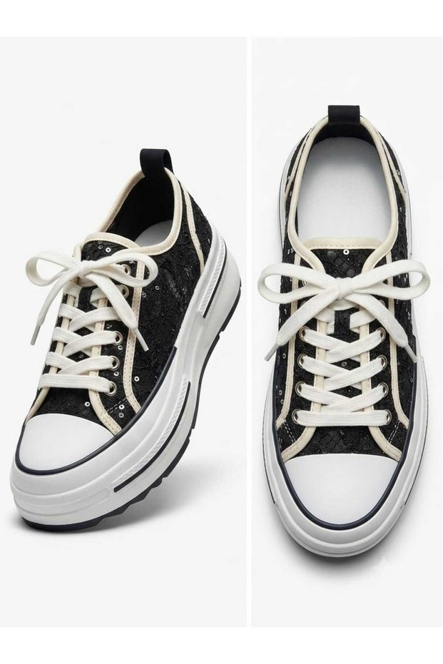 Women's Black Sequin & Cream Lace-Up Fashion Sneakers