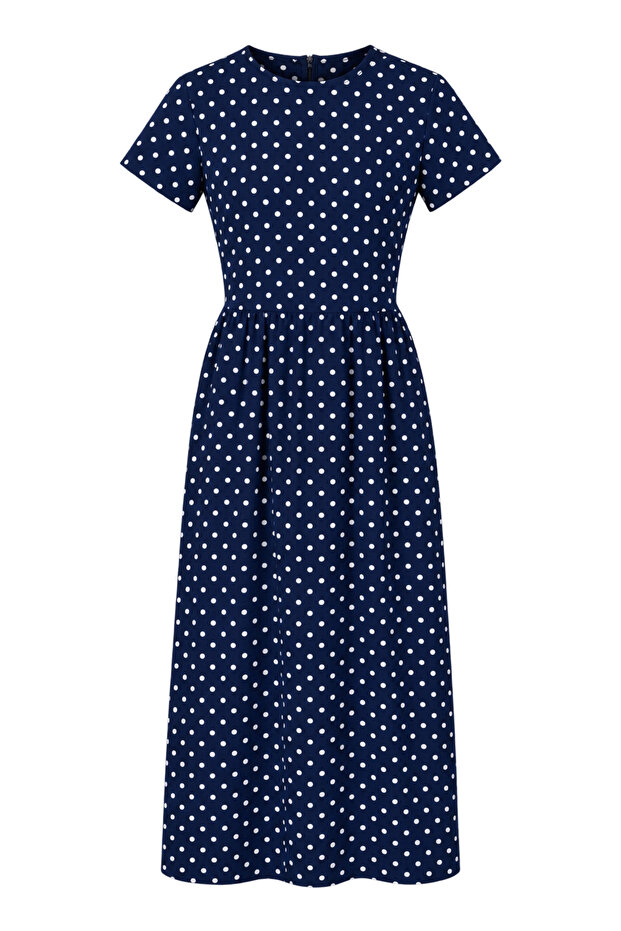 Navy Blue Dress with Polka Dot Edges Detail