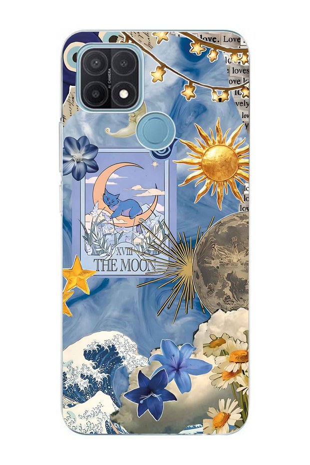 Oppo A15 / A15S Compatible Moon Sun Vintage Sky Pattern Transparent Phone Case