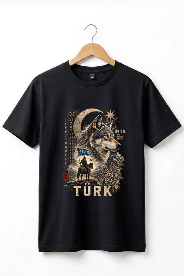 Göktürkçe Turkish Written Black Wolf and Horse Warrior Printed 100% Cotton Crew Neck Basic Tshirt