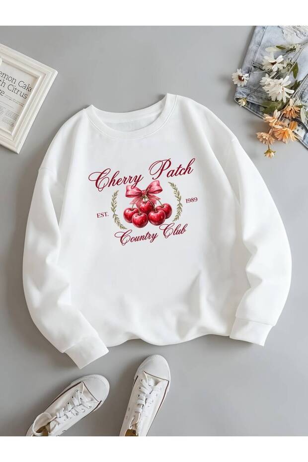 Women's Cherry Patch Printed Three-Thread Ribbed Sweatshirt