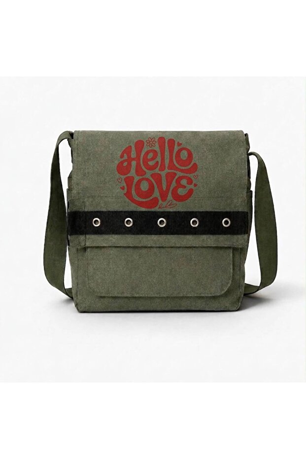 Khaki Hello Love Printed Round Eyelet Messenger Bag