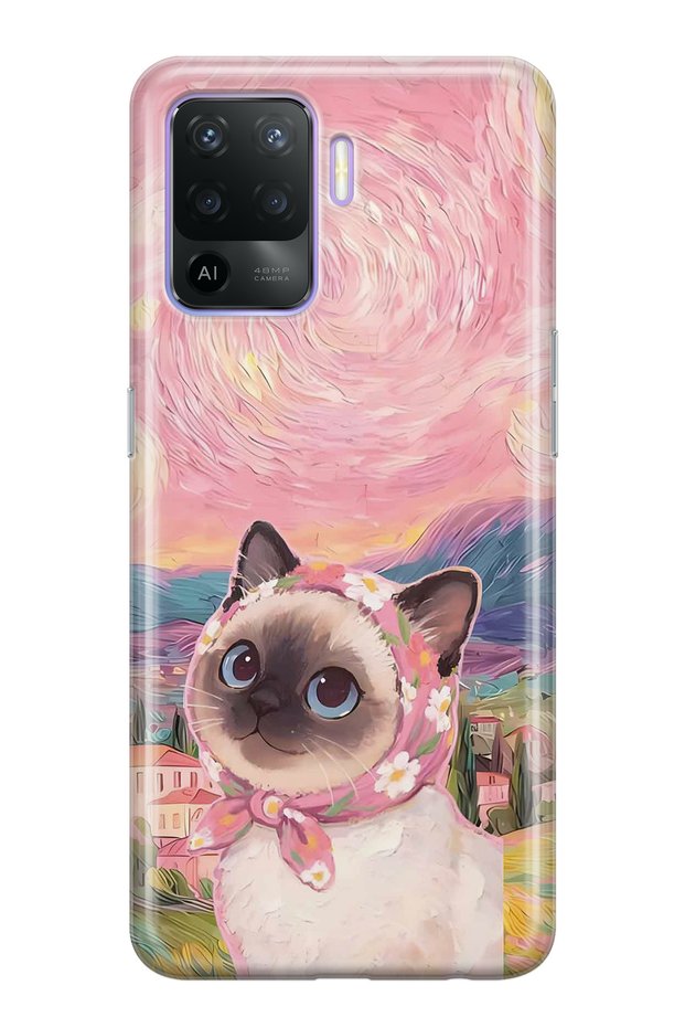 Oppo Reno 5 Lite Compatible Van Gogh Themed Cat Pattern Transparent Phone Case