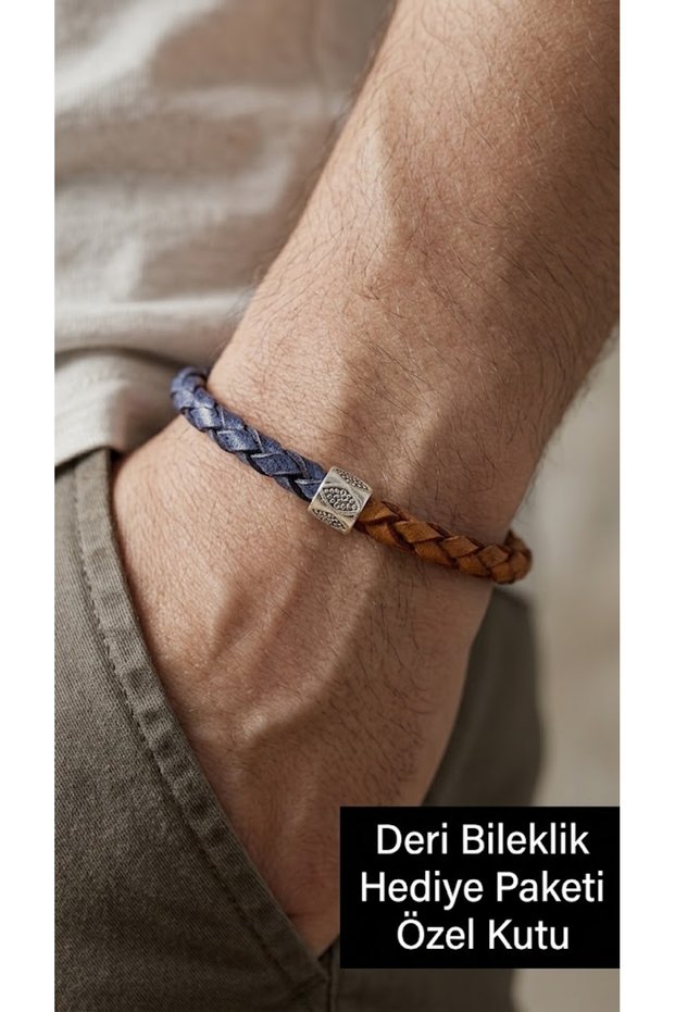 Mirellan Navy Blue & Brown Double Color Knitted Leather Men's Bracelet – Metal Detail