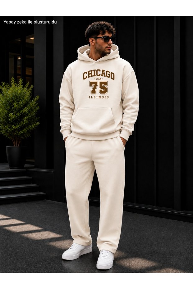Men's Chicago 75 Printed Tracksuit Set / Hooded Sweatshirt with Kangaroo Pocket and Straight Leg Bottom