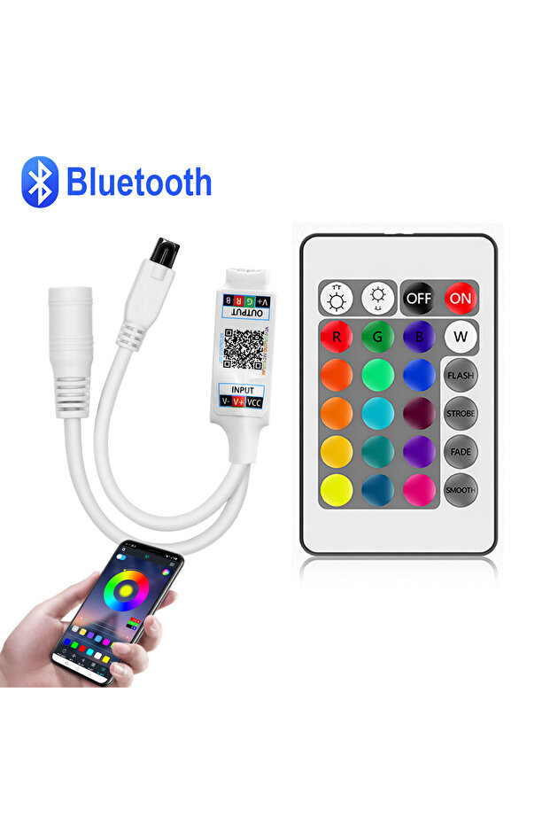 وحدة تحكم RGB بـ 4 دبابيس تعمل بجهد 12 فولت تيار مستمر مع تحكم ذكي عبر تطبيق الموسيقى والبلوتوث مع جهاز تحكم عن بعد بالأشعة تحت الحمراء بـ 24 مفتاحًا أو تطبيق بلوتوث للتحكم