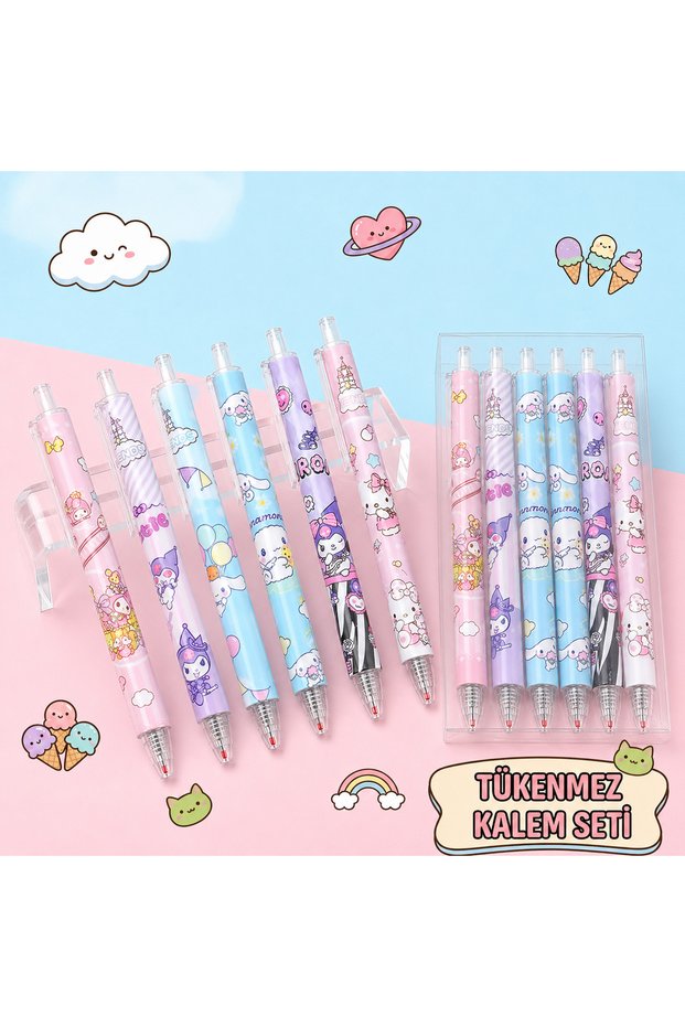 6-Piece Kawaii Kuromiii Cinnamorolll Melodii Patterned Ballpoint Pen Set Pressable Cute Pen School Stationery Office Business Gel Pen