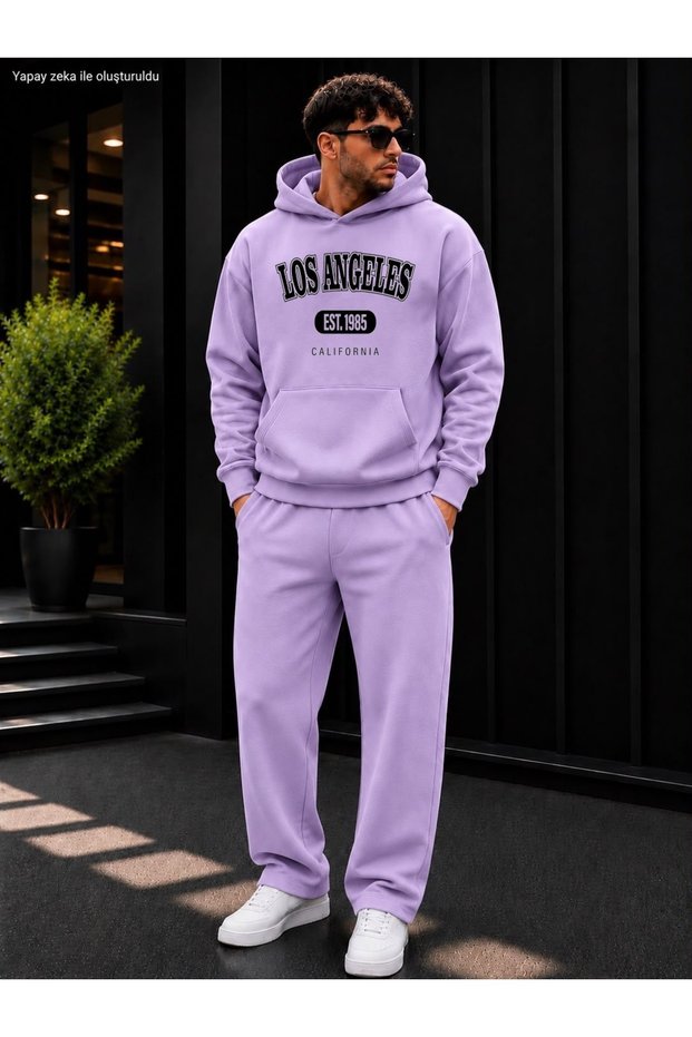 Men's Los Angeles Est 1985 Printed Tracksuit Set / Hooded Kangaroo Pocket Sweatshirt and Straight Leg Bottoms