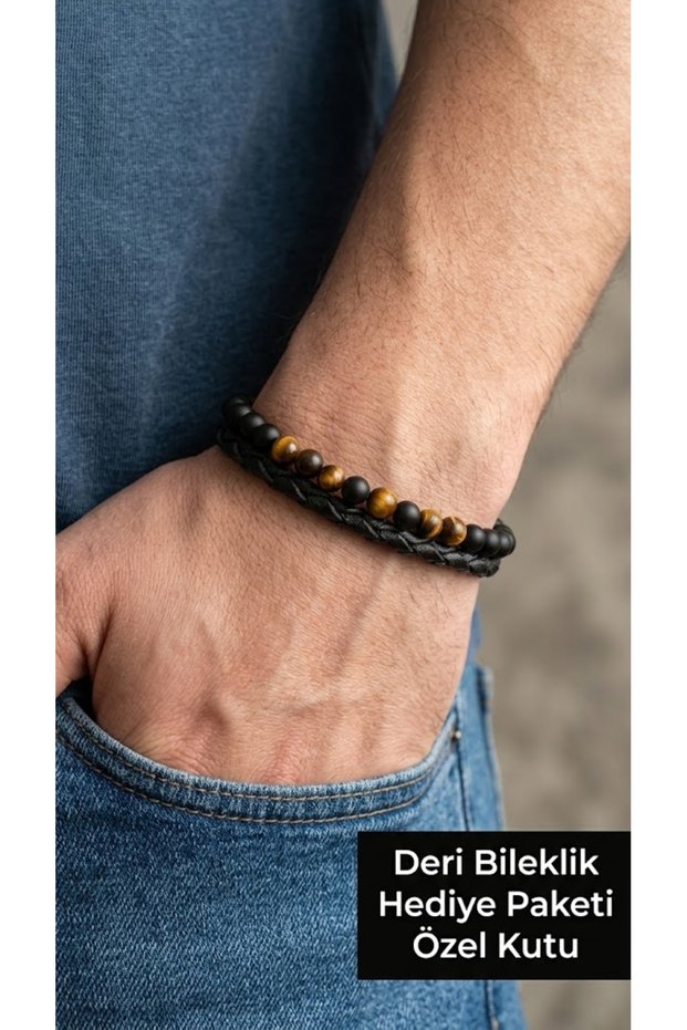 Ebano Tiger Eye Double Row Leather Men's Bracelet – Steel Magnetic Clasp