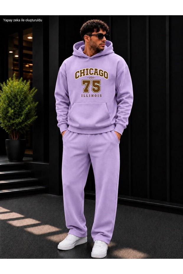 Men's Chicago 75 Printed Tracksuit Set / Hooded Sweatshirt with Kangaroo Pocket and Straight Leg Bottom