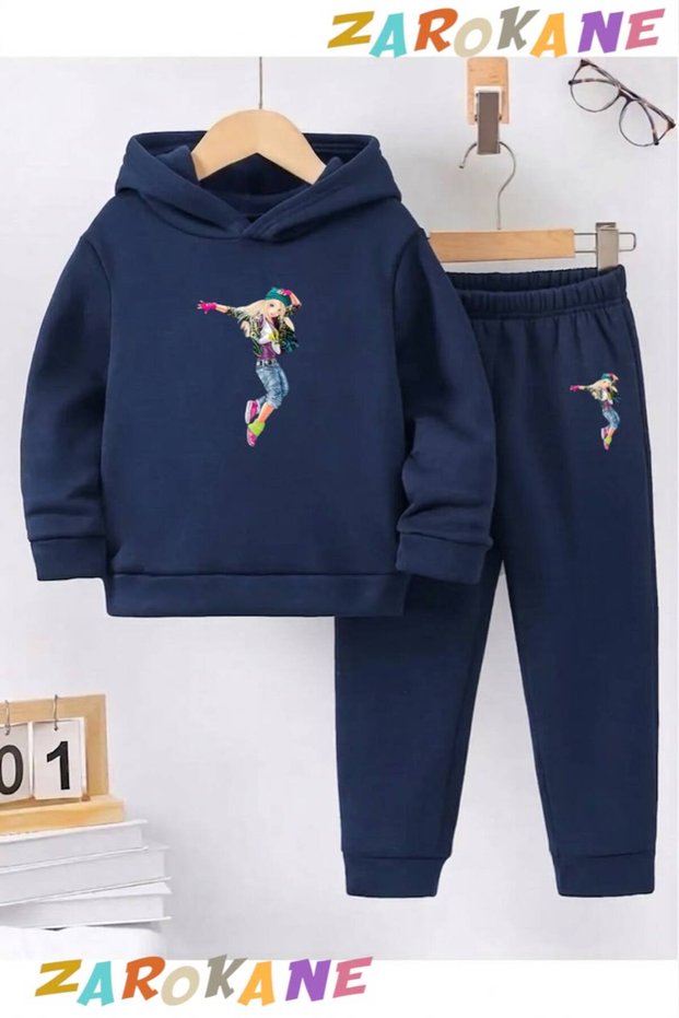 Dancer Girl Printed Winter Children's Hooded Cotton Inside Track Suit (Bottom Track Pants with Pockets)