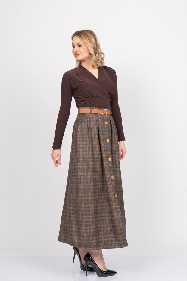 Women's Winter Plaid Checkered Prestige Buttoned Belted Woven Skirt High Waist Form Stylish Daily Casual 6835