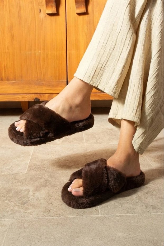 Women's Cross Furry Plush Soft Sole Comfortable House Slippers