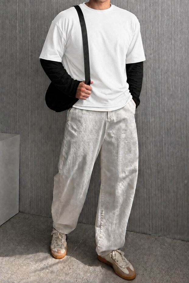 Men's White Black Layered Crew Neck 100% Cotton Oversize T-Shirt
