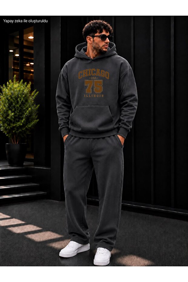 Men's Chicago 75 Printed Tracksuit Set / Hooded Sweatshirt with Kangaroo Pocket and Straight Leg Bottom