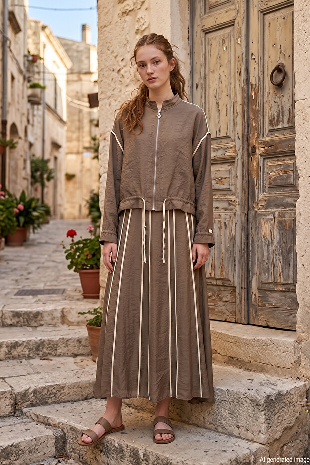 Skirt and Jacket Nile Set with Piping Detail 9105 Khaki