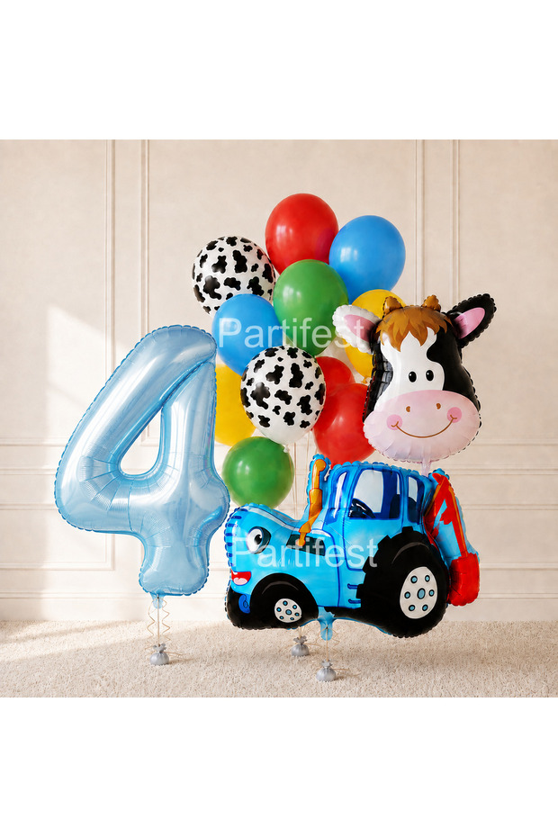Tractor Cow Farm Themed 4 Year Old Birthday Set with Number Balloons 13 Pieces