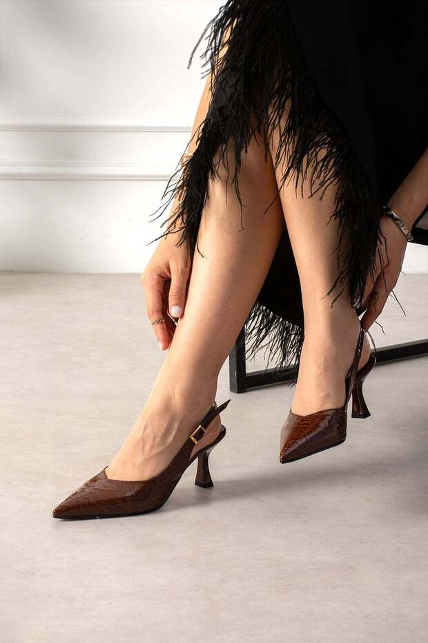 Brown Stiletto Patent Leather Heeled Shoes Slingback Pointed Toe Thin Heel Back Strap Office Event Shoes