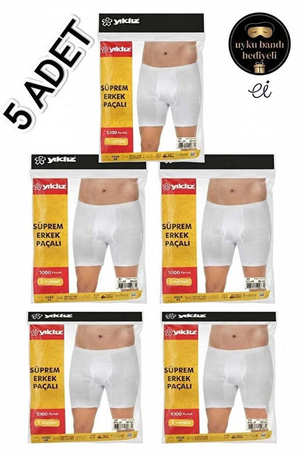 5-Pack 100% Cotton 1. Class Men's Long Underpants - Extra Flexible White Underwear That Doesn'T Pull up + Gift of Sleep Band