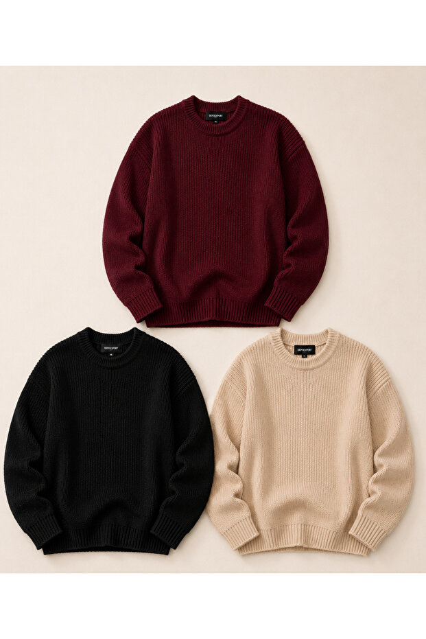 Women's 3-Piece Crew Neck Oversize Knitwear Sweater Soft Knitted Sweater