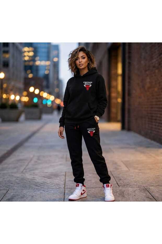 Hooded Sweatshirt 2-Piece Combination Winter Fleece Chicago Bull Printed Women's / Men's Unisex Model