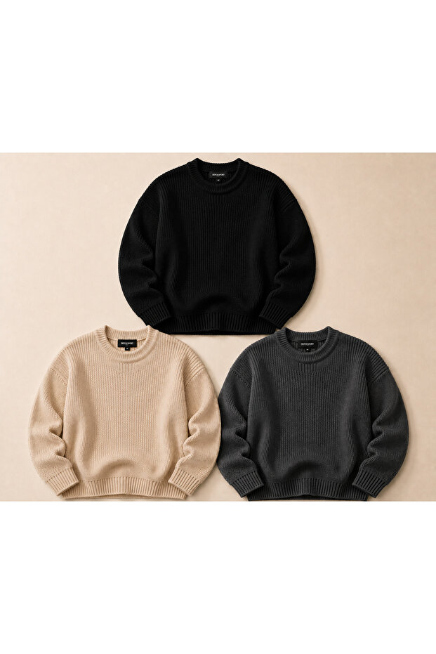Women's 3-Piece Crew Neck Oversize Knitwear Sweater Soft Knitted Sweater