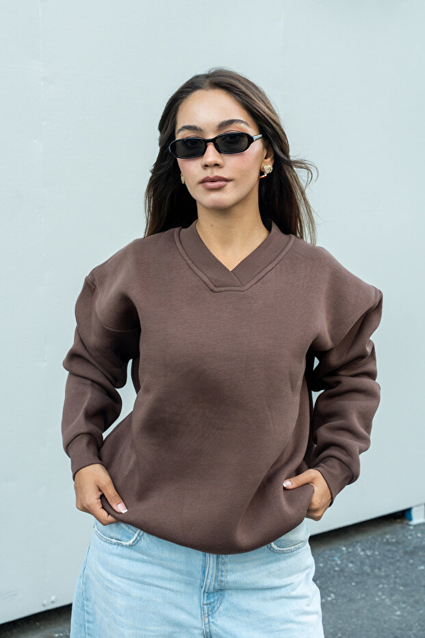 Women's Brown V-Neck Oversize Sweatshirt (80% Cotton)