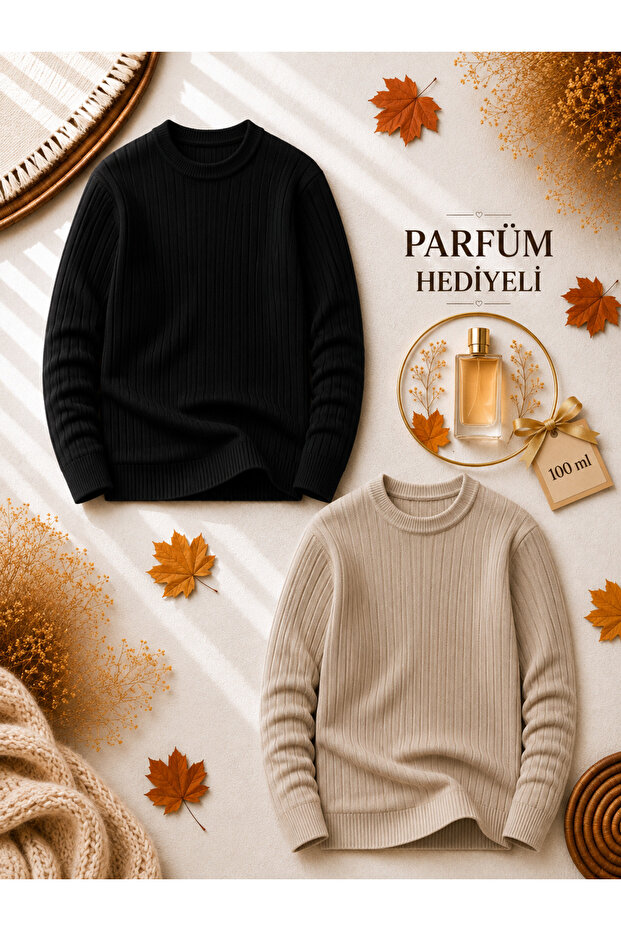 Men's 2-Piece Ribbed Knitwear Sweater + 100 ml Perfume Crew Neck Slim Fit Winter Sweater Set